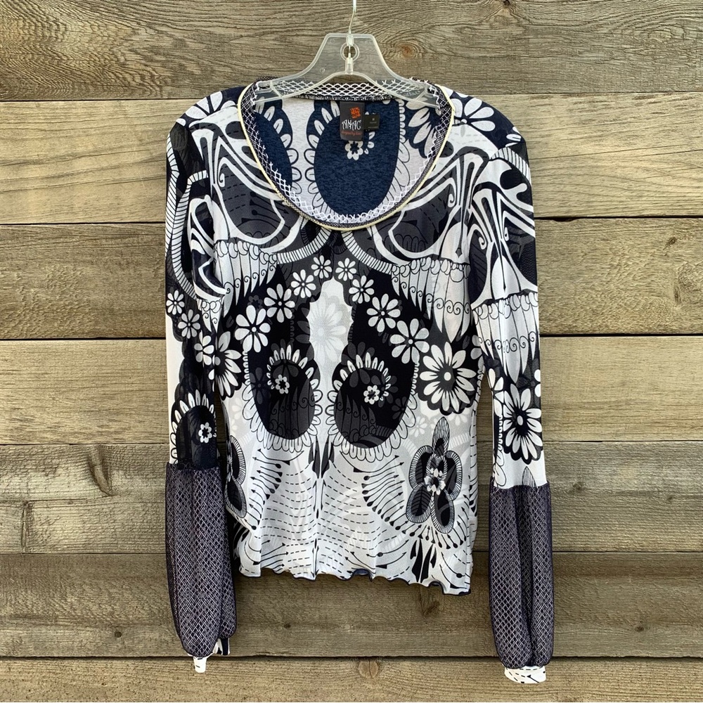Anac Kimi Top Womens M Y2K Mesh Floral Print Semi Sheer Balloon Sleeve Blue